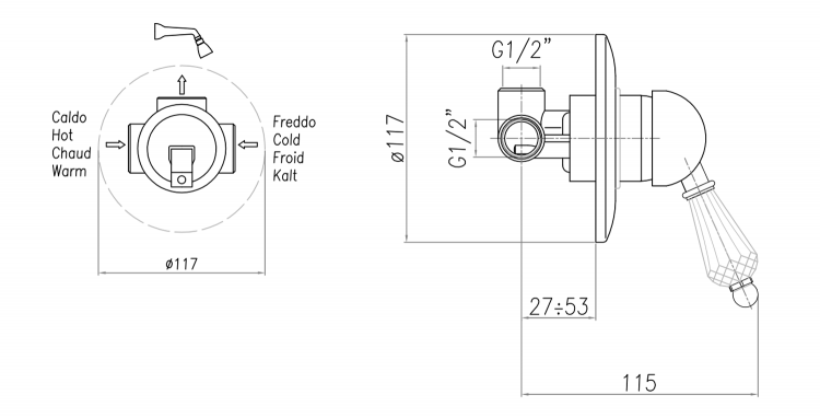 Sprchová podomítková páková baterie zlato/krystal – Sapho KIRKÉ CRYSTAL KI41KZ
