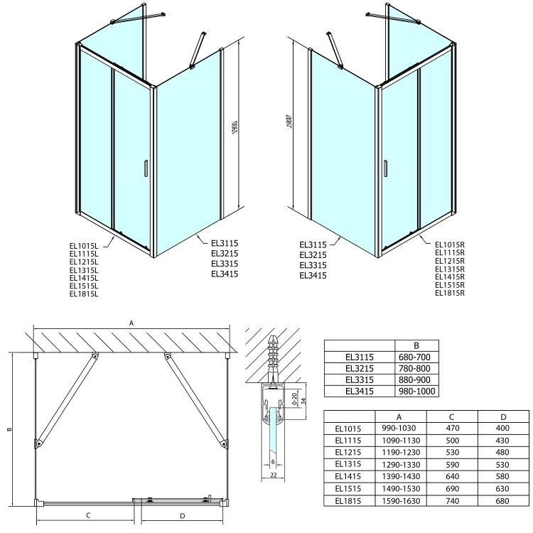 EASY třístěnný sprchový kout 1200x1000mm, L/P varianta, čiré sklo