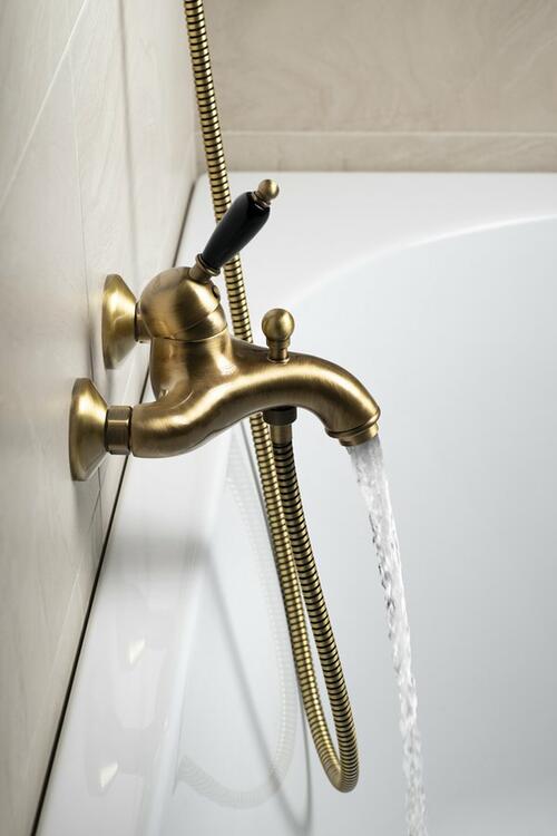 KIRKÉ BLACK nástěnná vanová baterie, černá páčka, bronz