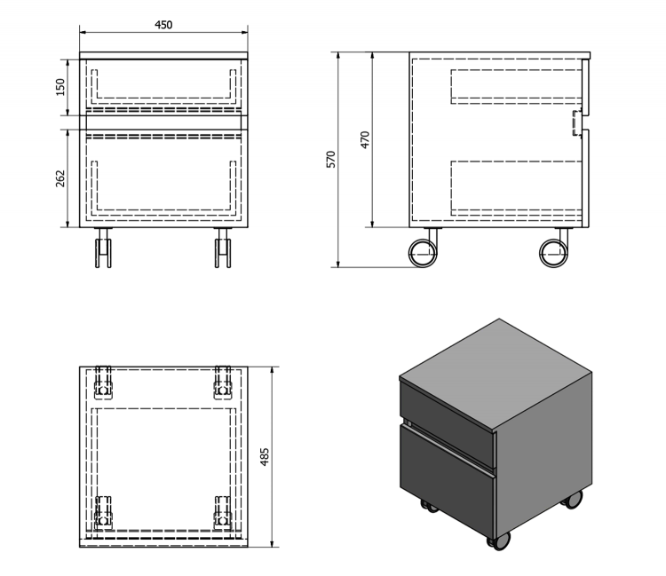 AVICE skříňka na kolečkách, 2x zásuvka 45x57x48,5cm, bílá