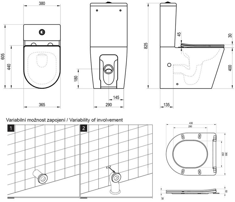 WC kombi Elegant RimOff set, vario odpad, bílá