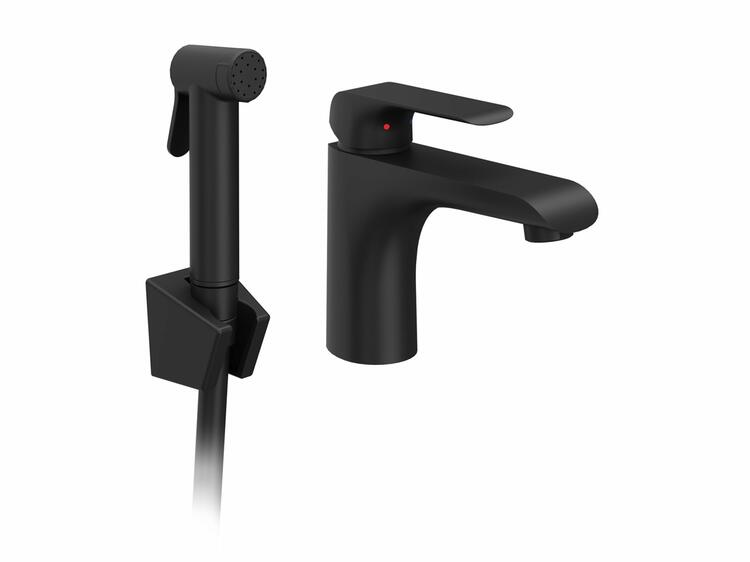 FL 112.20BLM Umyvadlová stojánková baterie 150 mm s bidetovou sprškou a držákem na zeď, bez výpusti, černá matná