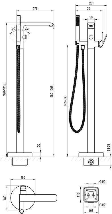FL 080.00CR.RB07A Vanová baterie do podlahy bez tělesa, se sprchovým setem, chrom