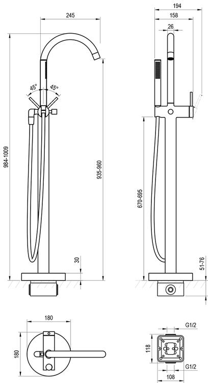 FM 082.00CR.RB07A Vanová baterie do podlahy bez tělesa, se sprchovým setem, chrom
