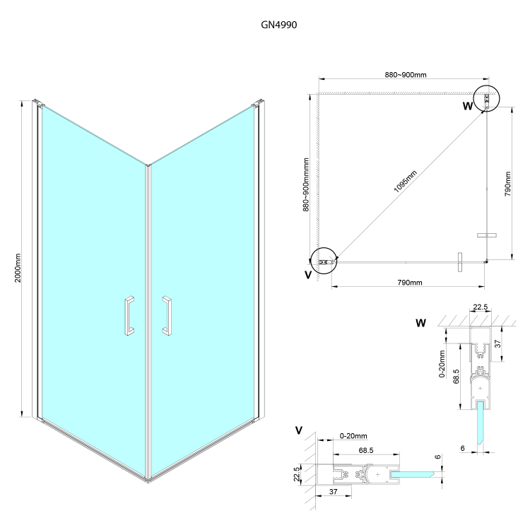 LORO čtvercový sprchový kout 900x900 mm, rohový vstup