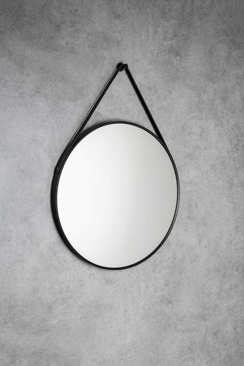 STAGO kulaté zrcadlo ø 60cm, kožený pásek, černá mat