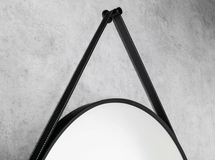 STAGO kulaté zrcadlo ø 60cm, kožený pásek, černá mat