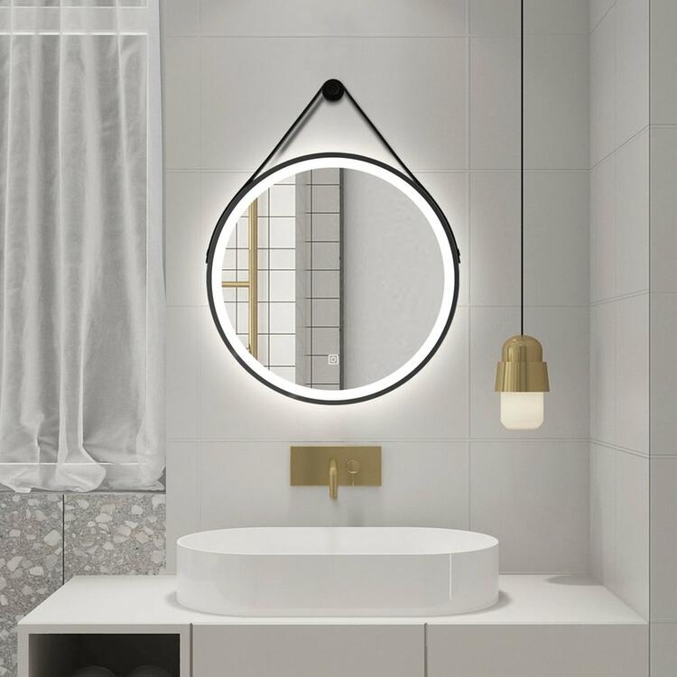 STAGO kulaté zrcadlo s LED osvětlením ø 60cm, kožený pásek, dotykový senzor, stmívatelné, černá mat