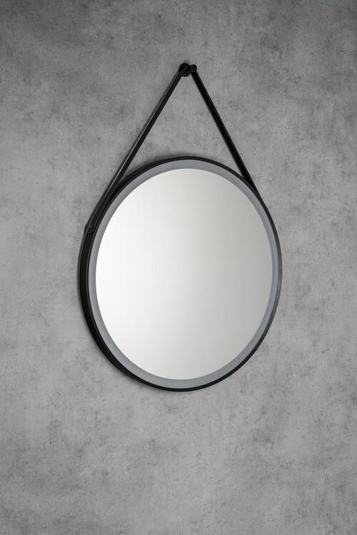 STAGO kulaté zrcadlo s LED osvětlením ø 60cm, kožený pásek, dotykový senzor, stmívatelné, černá mat