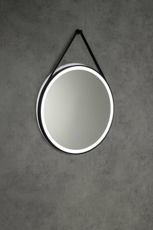 STAGO kulaté zrcadlo s LED osvětlením ø 60cm, kožený pásek, dotykový senzor, stmívatelné, černá mat