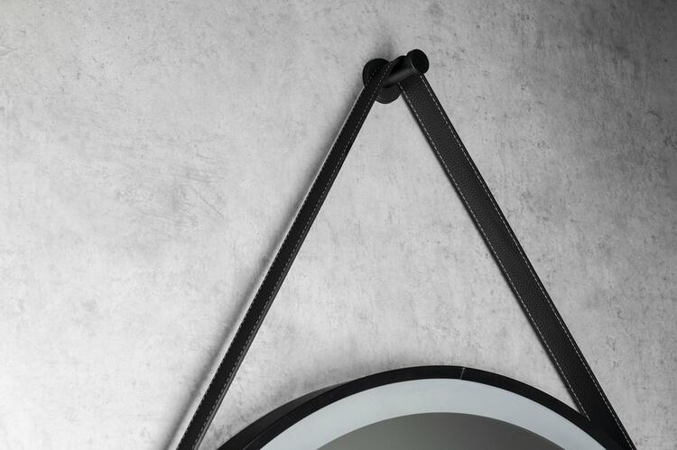STAGO kulaté zrcadlo s LED osvětlením ø 60cm, kožený pásek, dotykový senzor, stmívatelné, černá mat