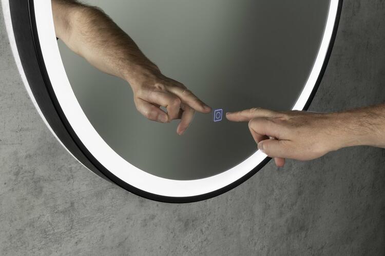 STAGO kulaté zrcadlo s LED osvětlením ø 60cm, kožený pásek, dotykový senzor, stmívatelné, černá mat