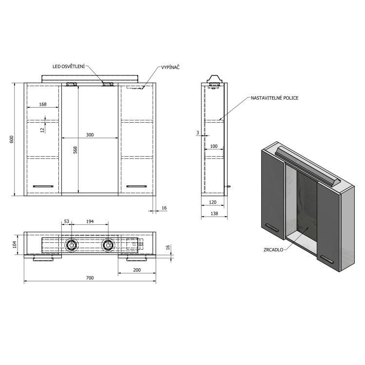 ZOJA/KERAMIA FRESH galerka s LED osvětlením, 70x60x14cm, bílá