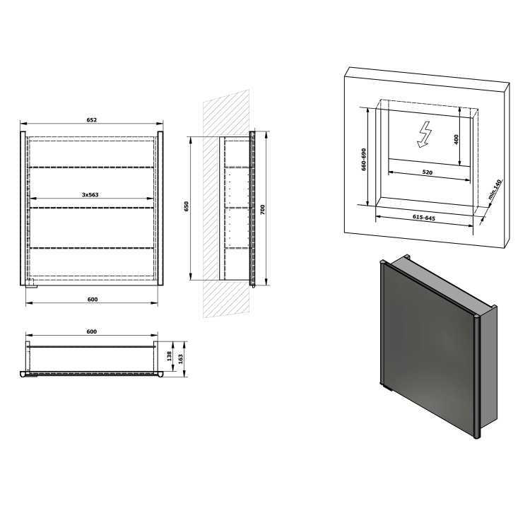 INTEGRA zápustná galerka s LED osvětlením, 65x70cm, levá/pravá