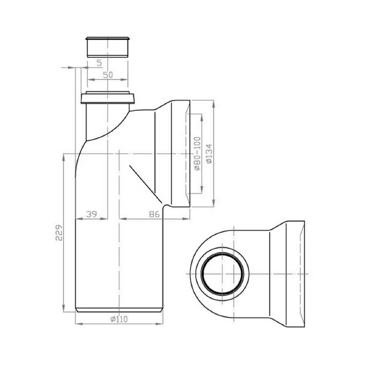 Koleno s přípojkou 90 dopojení k WC, 110mm