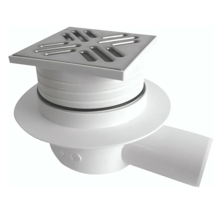 Podlahová vpust 105x105 boční, DN50, mřížka nerez lesk