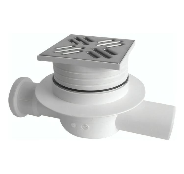 Podlahová vpust 105x105 průběžná, DN50, mřížka nerez lesk