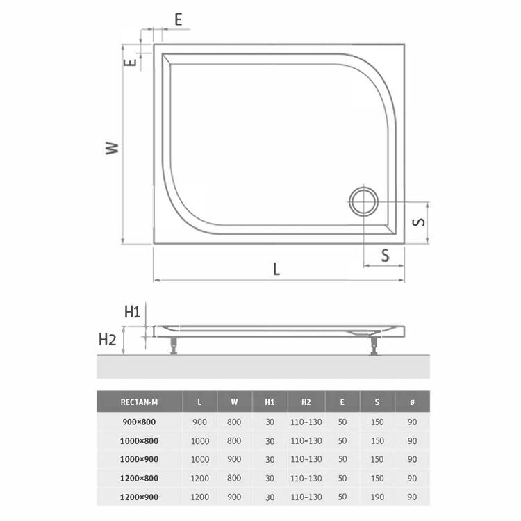 Obdélníková sprchová vanička 100×90 bílá – Roth RECTAN-M 8000451