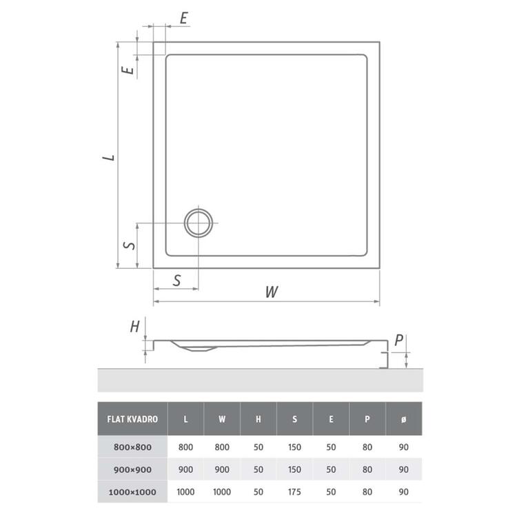 Čtvercová sprchová vanička 90×90 bílá – Roth FLAT KVADRO 8000119