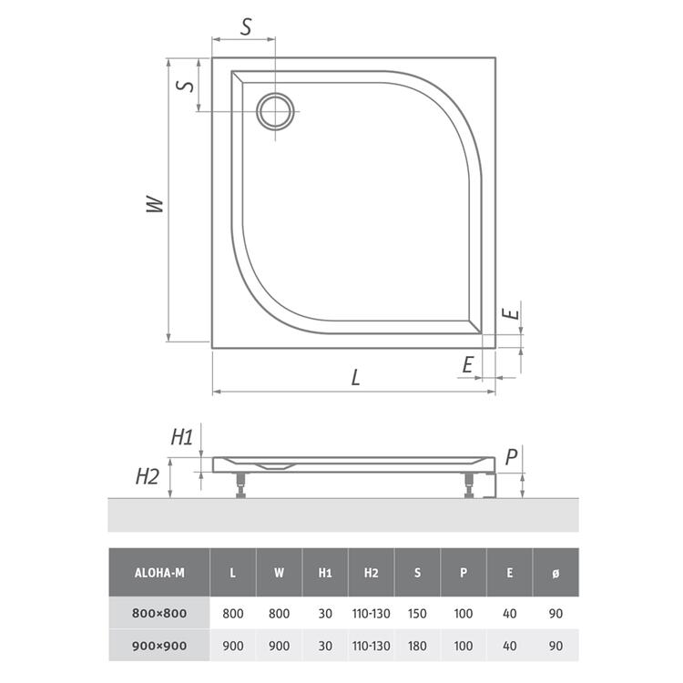 Čtvercová sprchová vanička 90×90 bílá – Roth ALOHA‑M 8000155