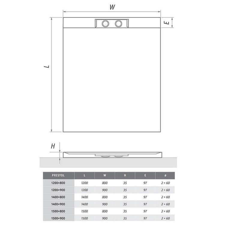 Obdélníková sprchová vanička 150×80 bílá – Roth PRESTOL 8000304