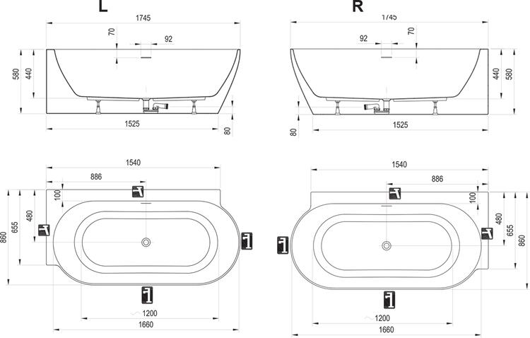 Vana Freedom Corner II Tec 175x86 P, volně stojící, Smoke Grey/bílá, krytka odtoku bílá/černá/chrom