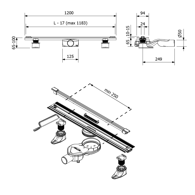 SAPHO-SLIM SPRING nerezový podlahový žlab s roštem, L-250-1200,DN50 SV120