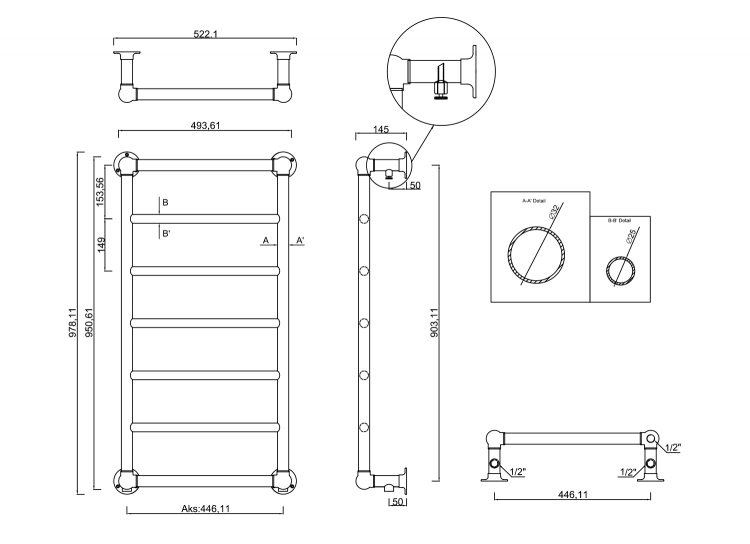 UNO retro otopné těleso 493x951 mm, nerez lesk