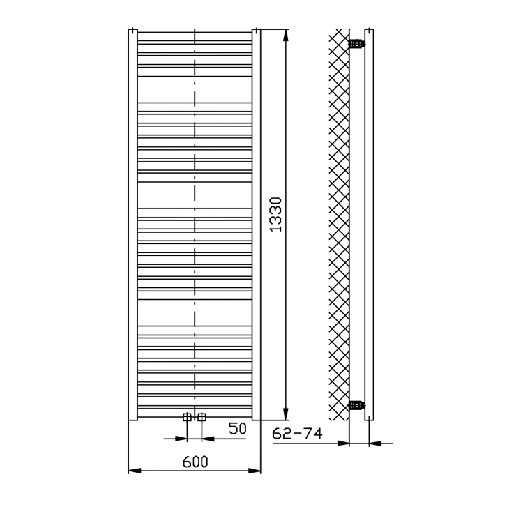 TONDI otopné těleso rovné 600x1330 mm, středové připojení, černá mat