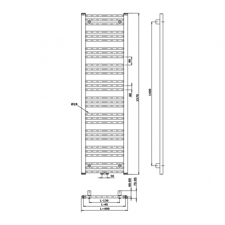 Koupelnový radiátor 400x1570 mm, středové připojení, bílá – Bruckner Albrecht 600.113.4