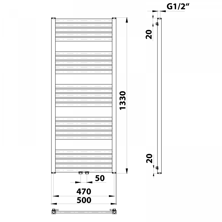 GRUNT otopné těleso rovné 500x1330 mm, středové připojení, bílá