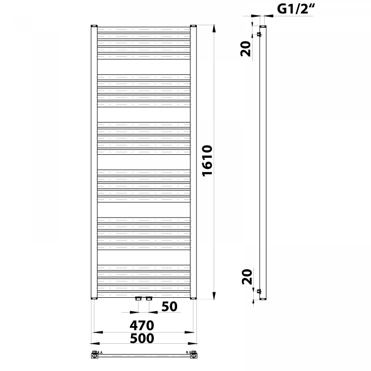 GRUNT otopné těleso rovné 500x1610 mm, středové připojení, bílá