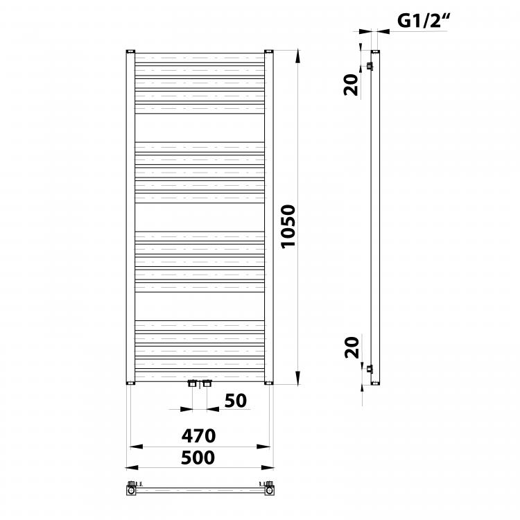 GRUNT otopné těleso rovné 500x1050mm, středové připojení, černá mat