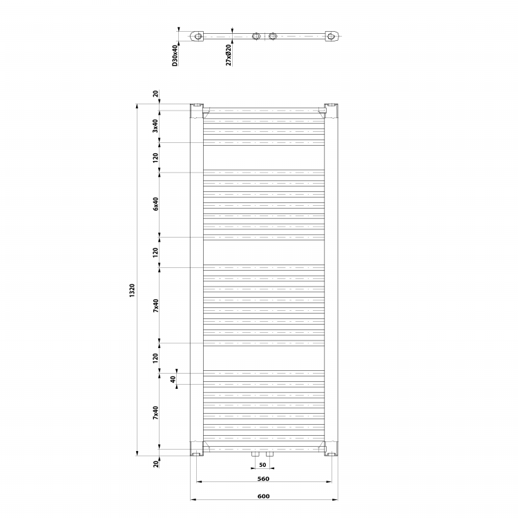 DIRECT otopné těleso se středovým připojením 600x1320 mm, bílá