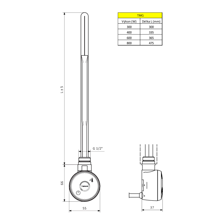 WICHER topná tyč s termostatem, 800 W, bílá mat