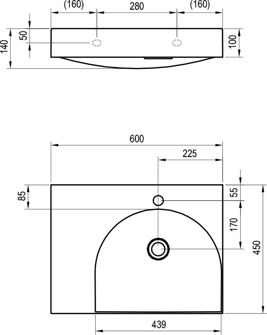 Umyvadlo Lite 60/45 L, s otvorem pro baterii, bez přepadu