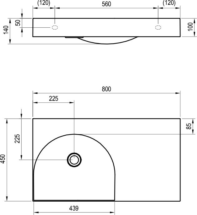 Umyvadlo Lite 80/45 L, bez otvoru pro baterii, bez přepadu