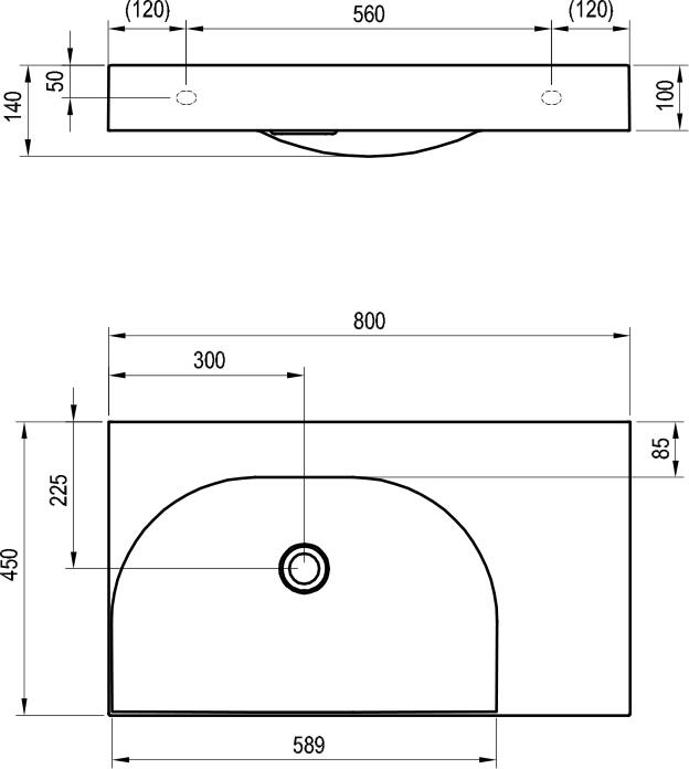 Umyvadlo Lite 80/60 L, bez otvoru pro baterii, bez přepadu