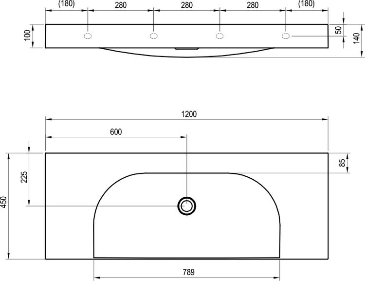 Umyvadlo Lite 120/80 S, bez otvoru pro baterii, bez přepadu
