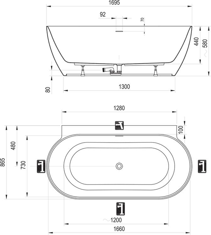 Vana Freedom Wall II Tec 170x87, volně stojící, Deepsea Blue/bílá, krytka odtoku bílá/černá/chrom