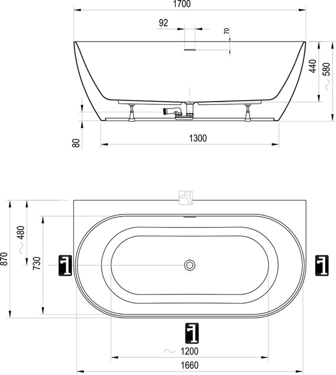 Vana Freedom Wall Tec 170x87, volně stojící, Grey Green/bílá, krytka odtoku bílá/černá/chrom