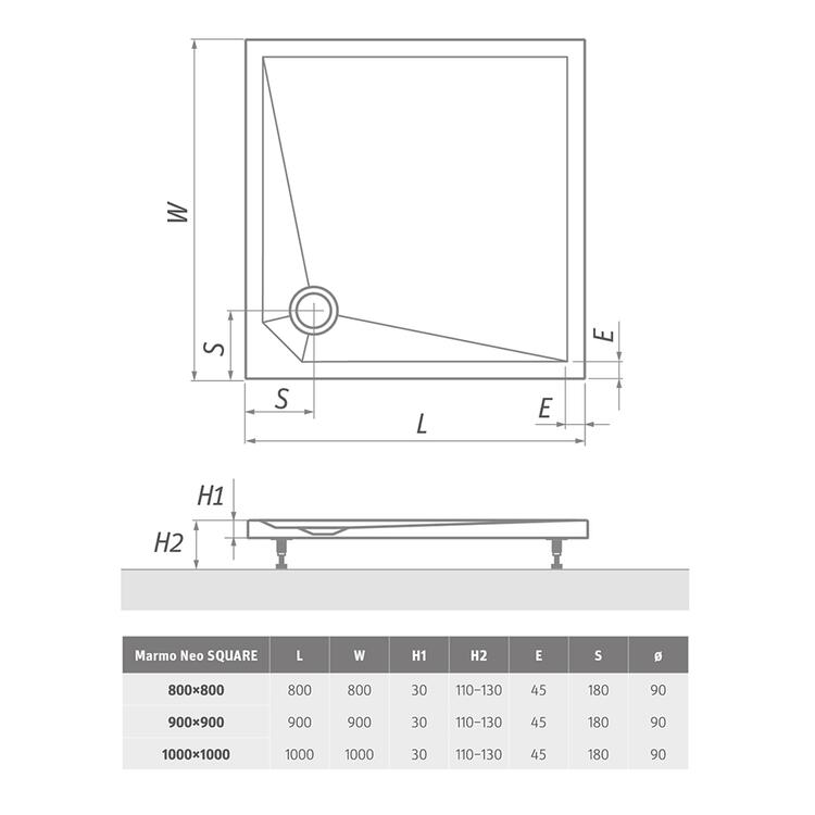 Čtvercová sprchová vanička 100×100 bílá – Roth MAN SQ 100100 2E