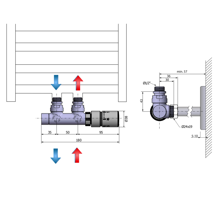 TWIN připojovací sada ventilů termostatická pro středové připojení, pravé, chrom