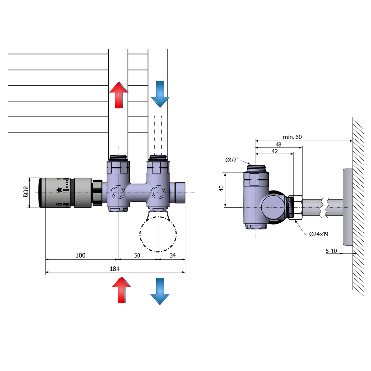 TWIN COMBI připojovací sada ventilů termostatická pro střed.připojení, levá, nerez mat