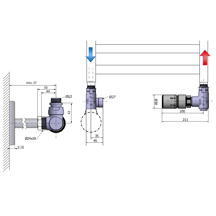 CORNER COMBI připojovací sada ventilů termostatická, pravé provedení, černá mat