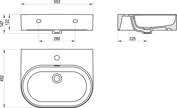 Umyvadlo Ceramic Slim Wall O 55 N, s otvorem pro baterii, s přepadem, antracit
