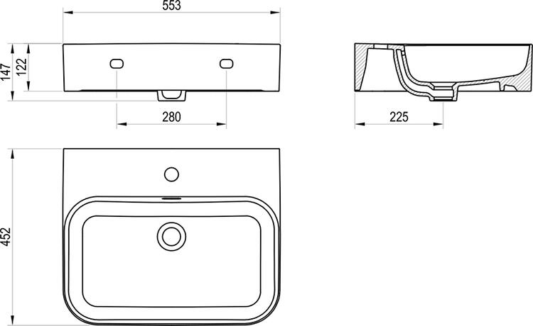 Umyvadlo Ceramic Slim Wall R 55 N, s otvorem pro baterii, s přepadem, bílá matná