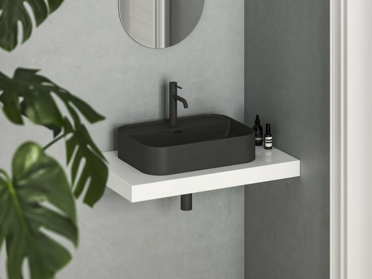 Umyvadlo Ceramic Slim Shelf R 55, s otvorem pro baterii, s přepadem, černá matná