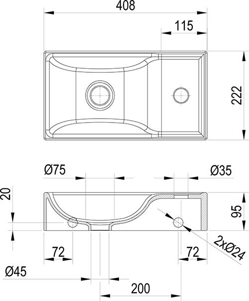 Umývátko Veda Wall 40 L, s otvorem pro baterii, bez přepadu, bílá