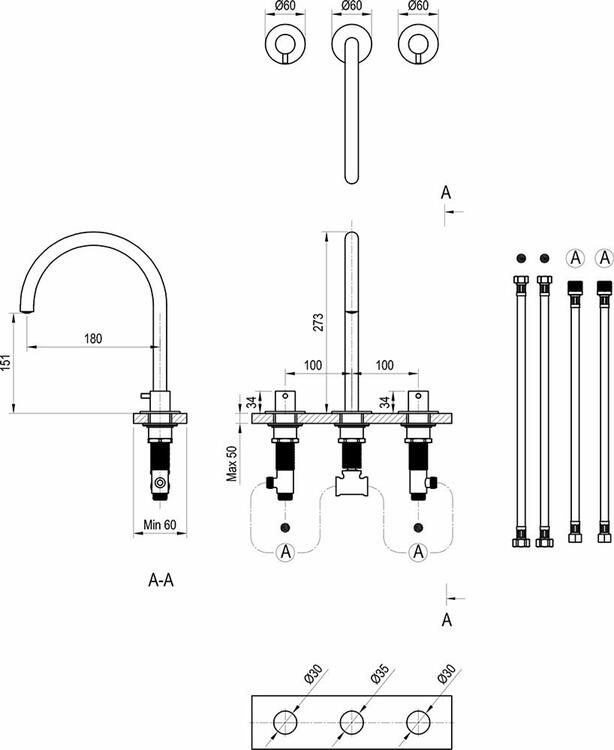 ES 018.60GLB Umyvadlová stojánková 3-otvorová baterie 270 mm bez výpusti, zlato kartáčované